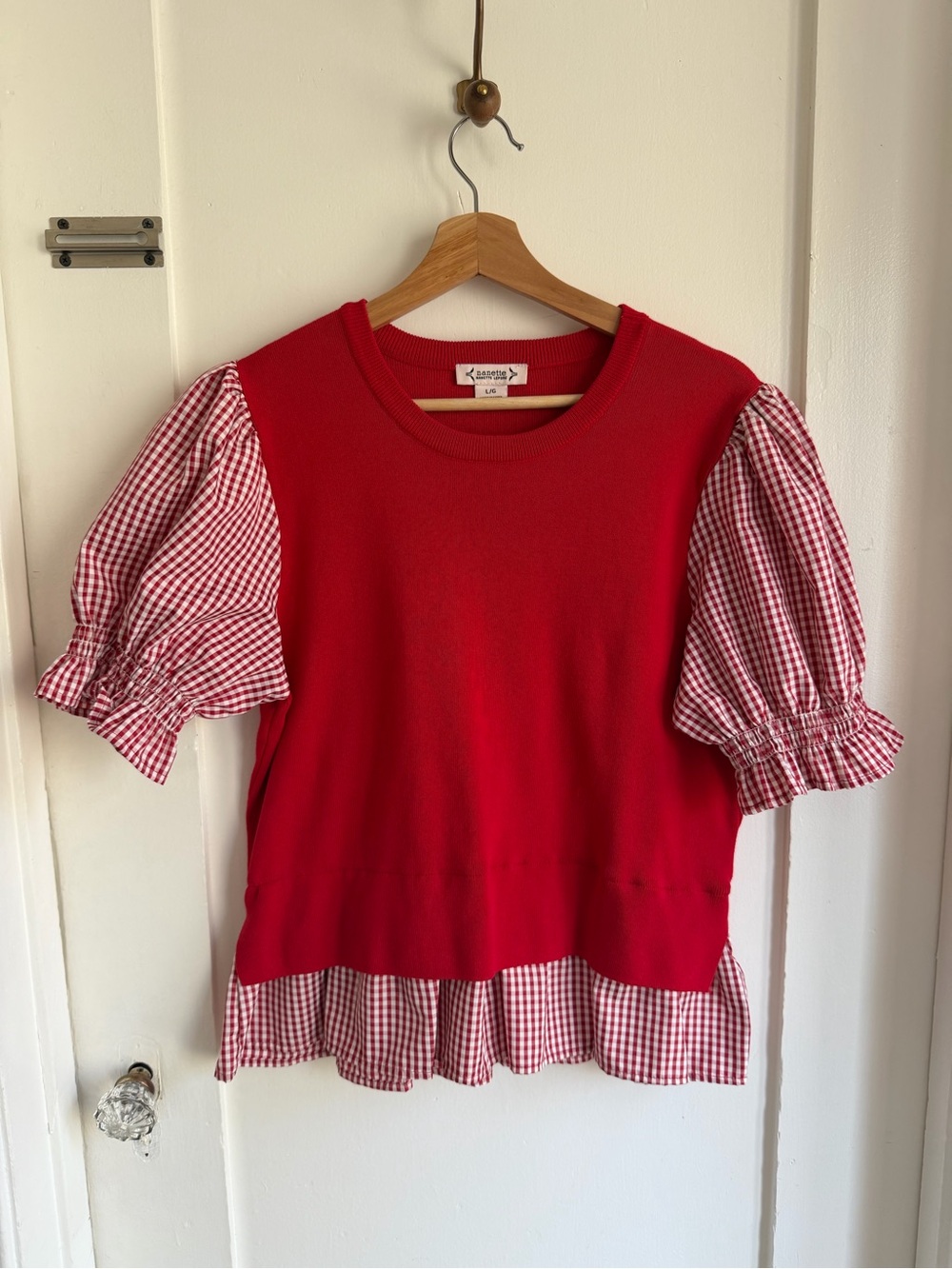 Nanette Lepore Sweater Knit Top with Gingham Puff Sleeves - Red